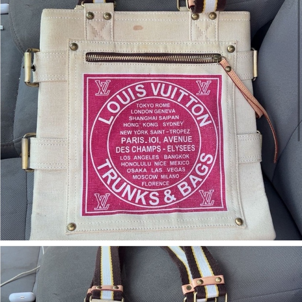 Louis Vuitton Beige and Red Canvas Tote